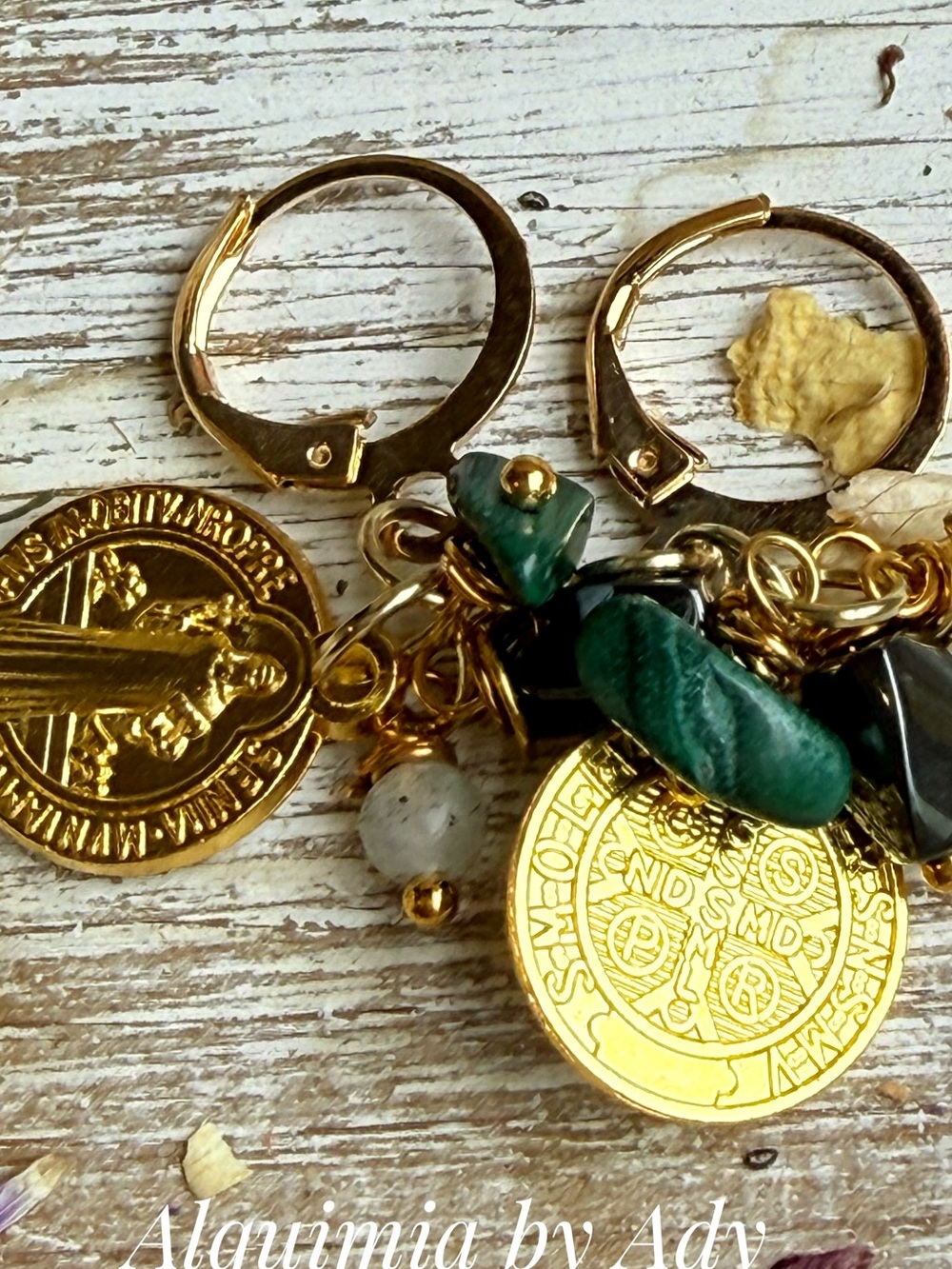 Alquimia Gold Hoop Earrings with Green malachite and Black Stone Charms